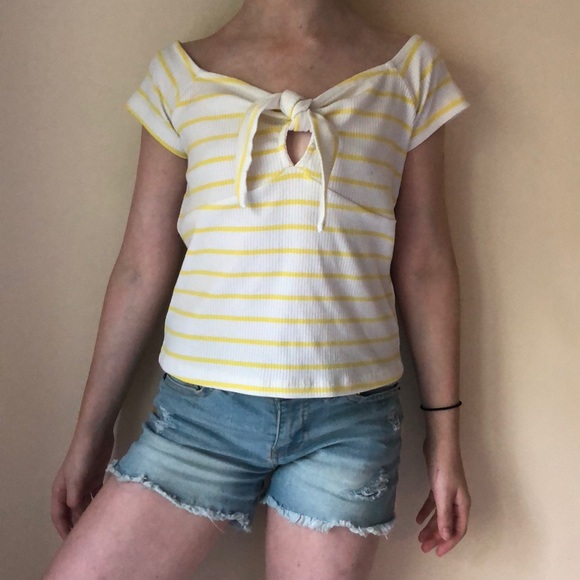 Yellow striped almost off the shoulder top! - Picture 1 of 2